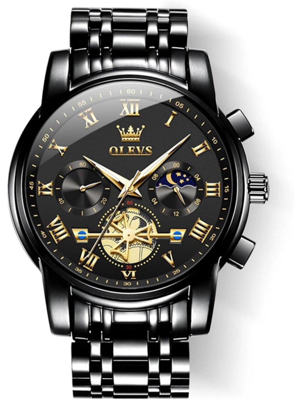 Men's Black Band and Black Face Stainless Steel Waterproof Big Face Wrist Watch